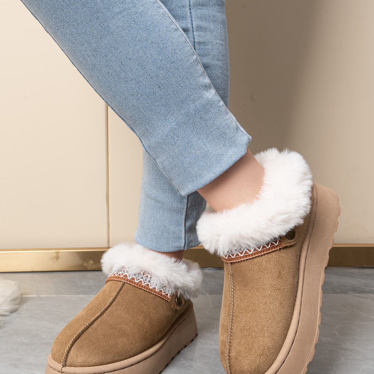 Slip-On Suede Round Toe Platform Ankle Boots