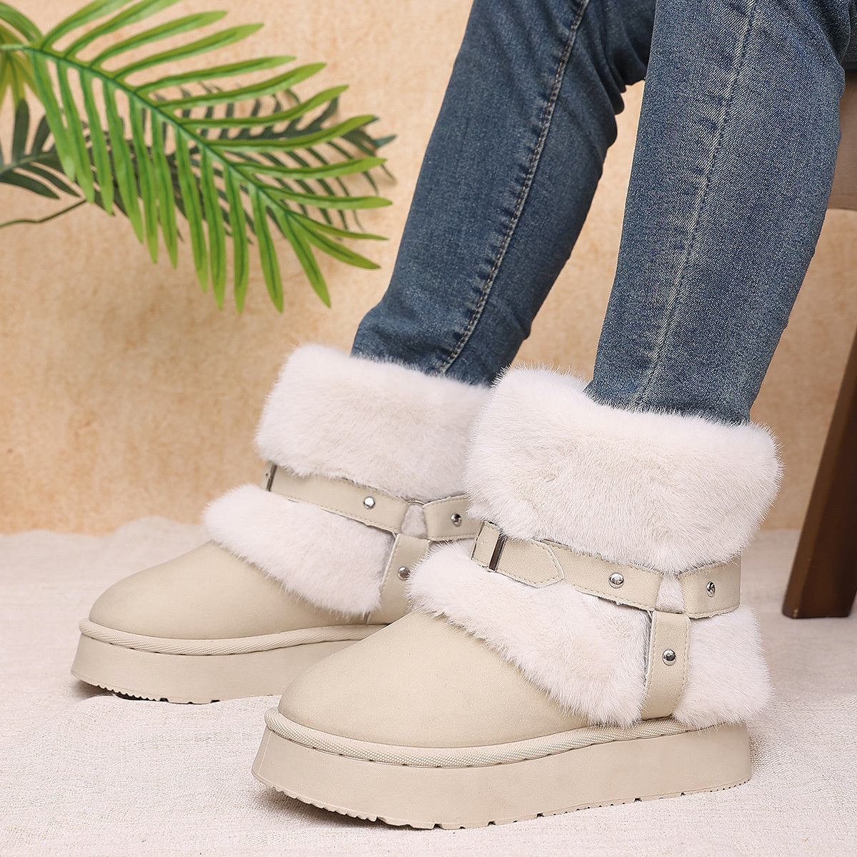 Fabric Chunky-Sole Round Toe Platform Boots