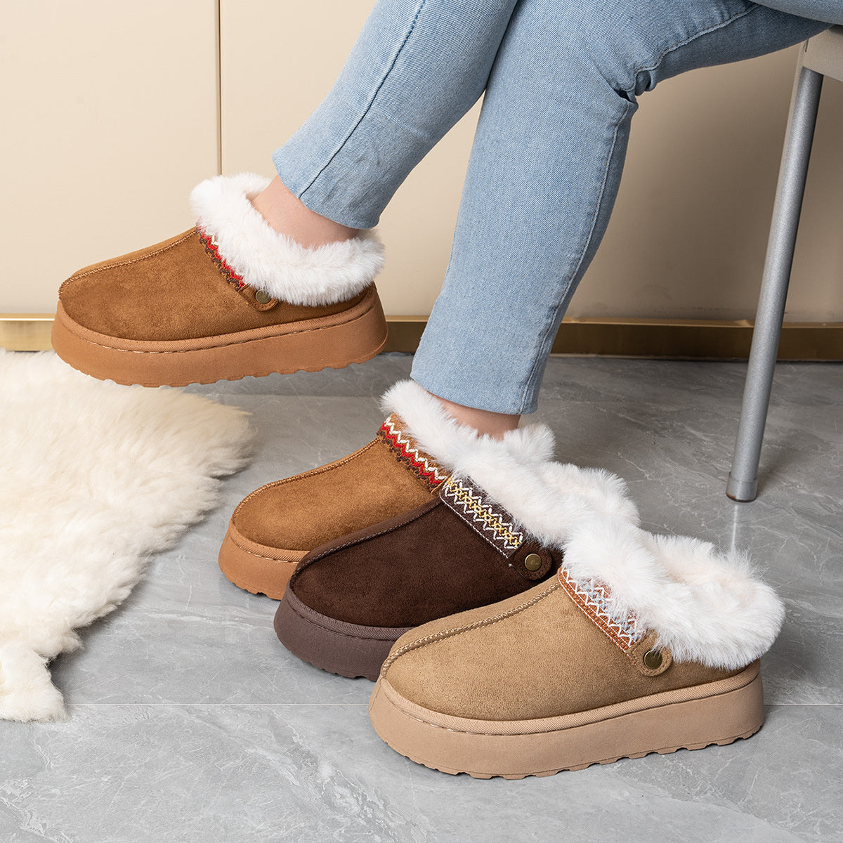 Slip-On Suede Round Toe Platform Ankle Boots