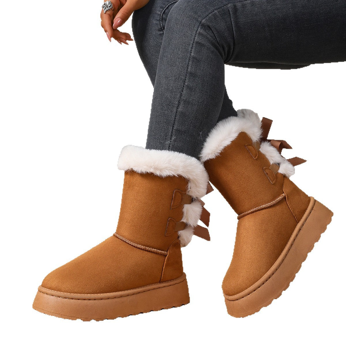 Bootara Women’s CozyBow Short Snow Boots – Fleece-Lined Warmth & Anti-Slip Platform (US 5–10)