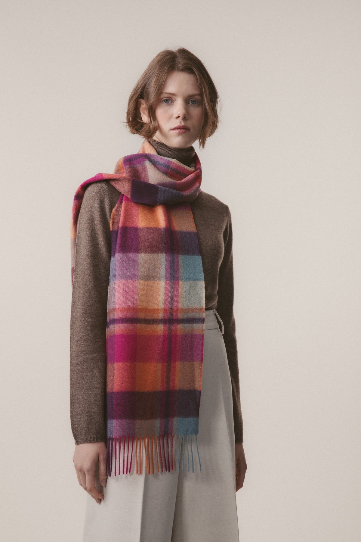 Square Check Cashmere Scarf - Orient Ginger