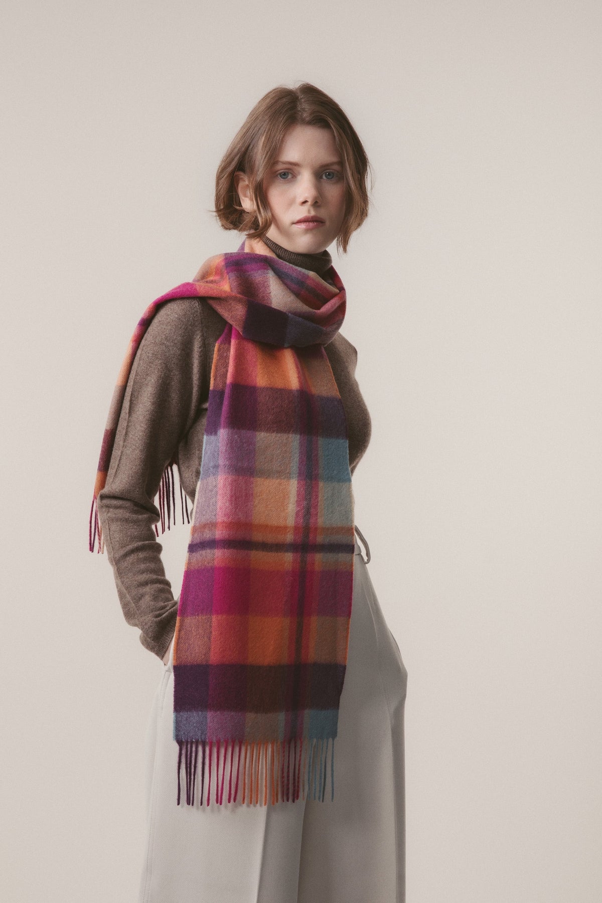 Square Check Cashmere Scarf - Orient Ginger