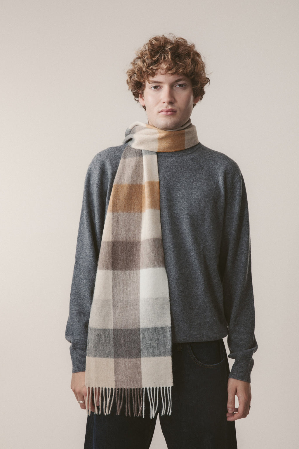 3 Square Check Lambswool Scarf - Gold