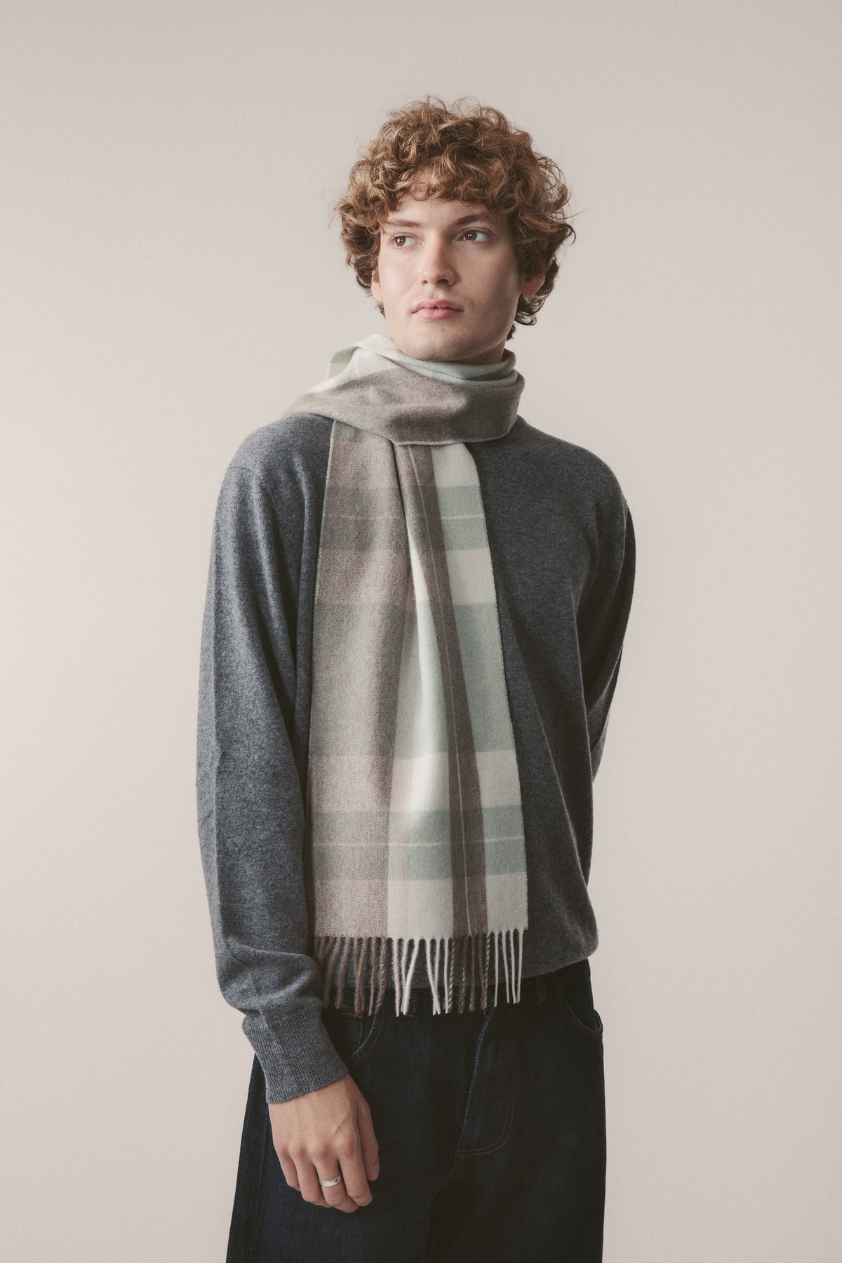 Contemporary Check Lambswool Scarf - Seafoam