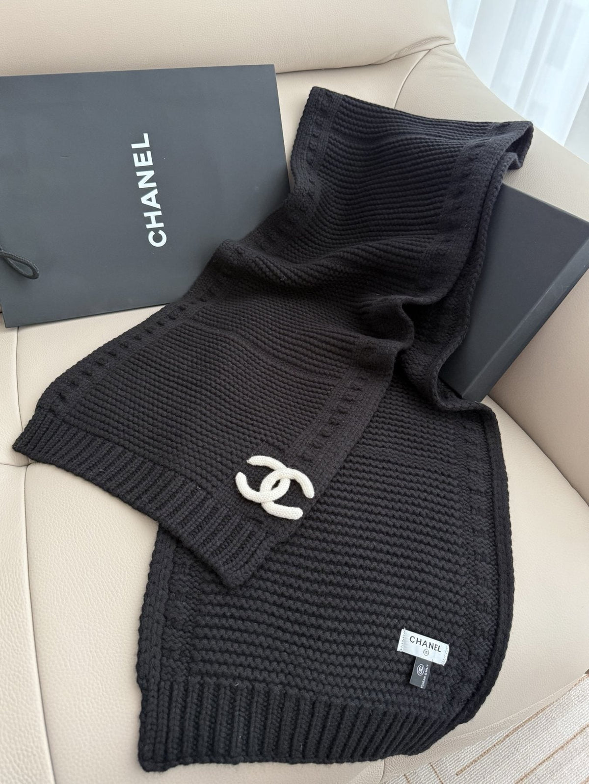 Chanel Black Rib-Knit Logo Scarf
