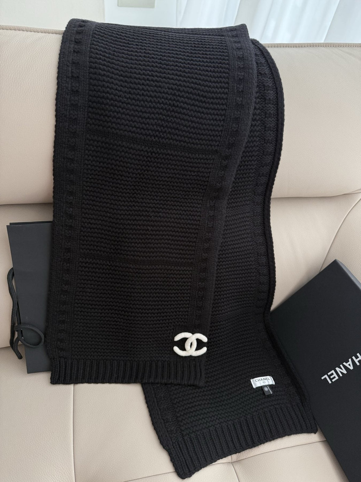 Chanel Black Rib-Knit Logo Scarf