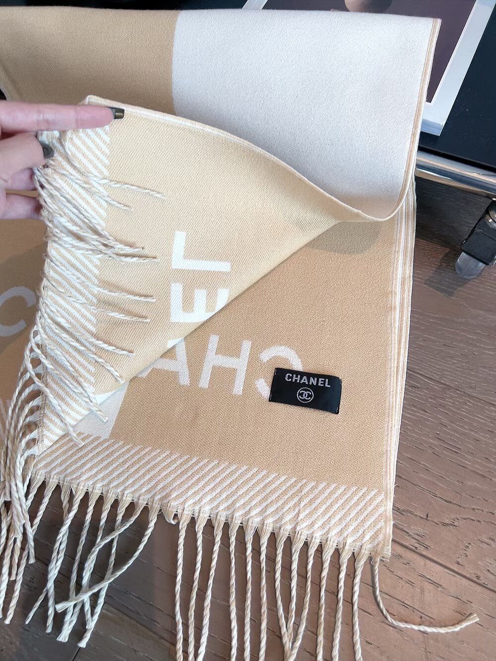 Chanel Logo Panel Fringed Scarf